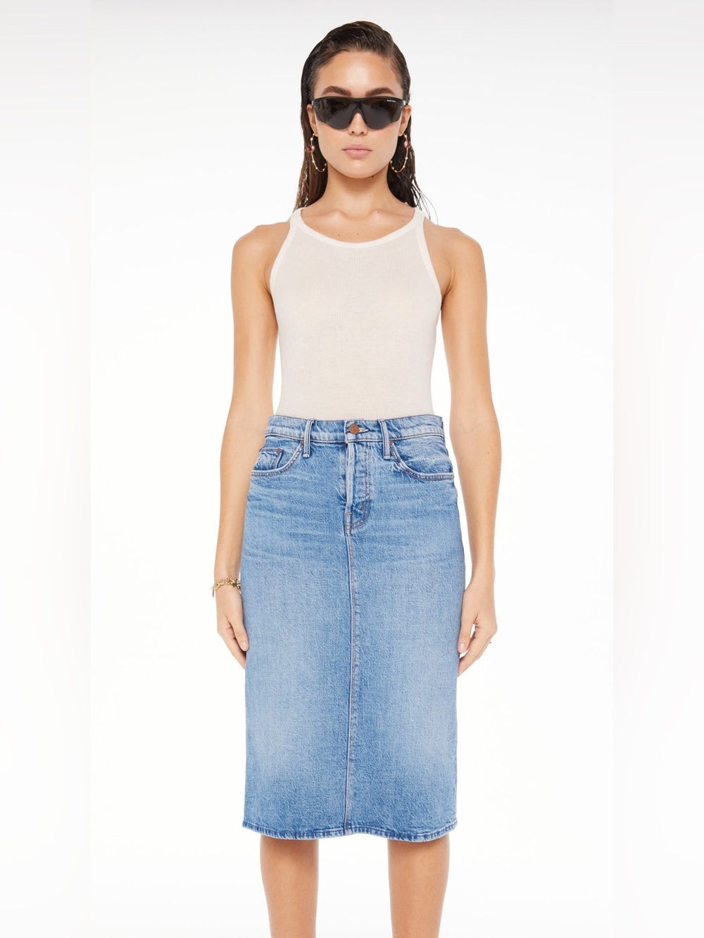 Mother The Vagabond High Rise Denim Midi Skirt in For Sure Size 24